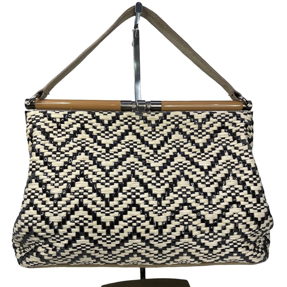 Marni Woven Frame HandBag Black Cream Resin Top Handle Italy Statement Modern